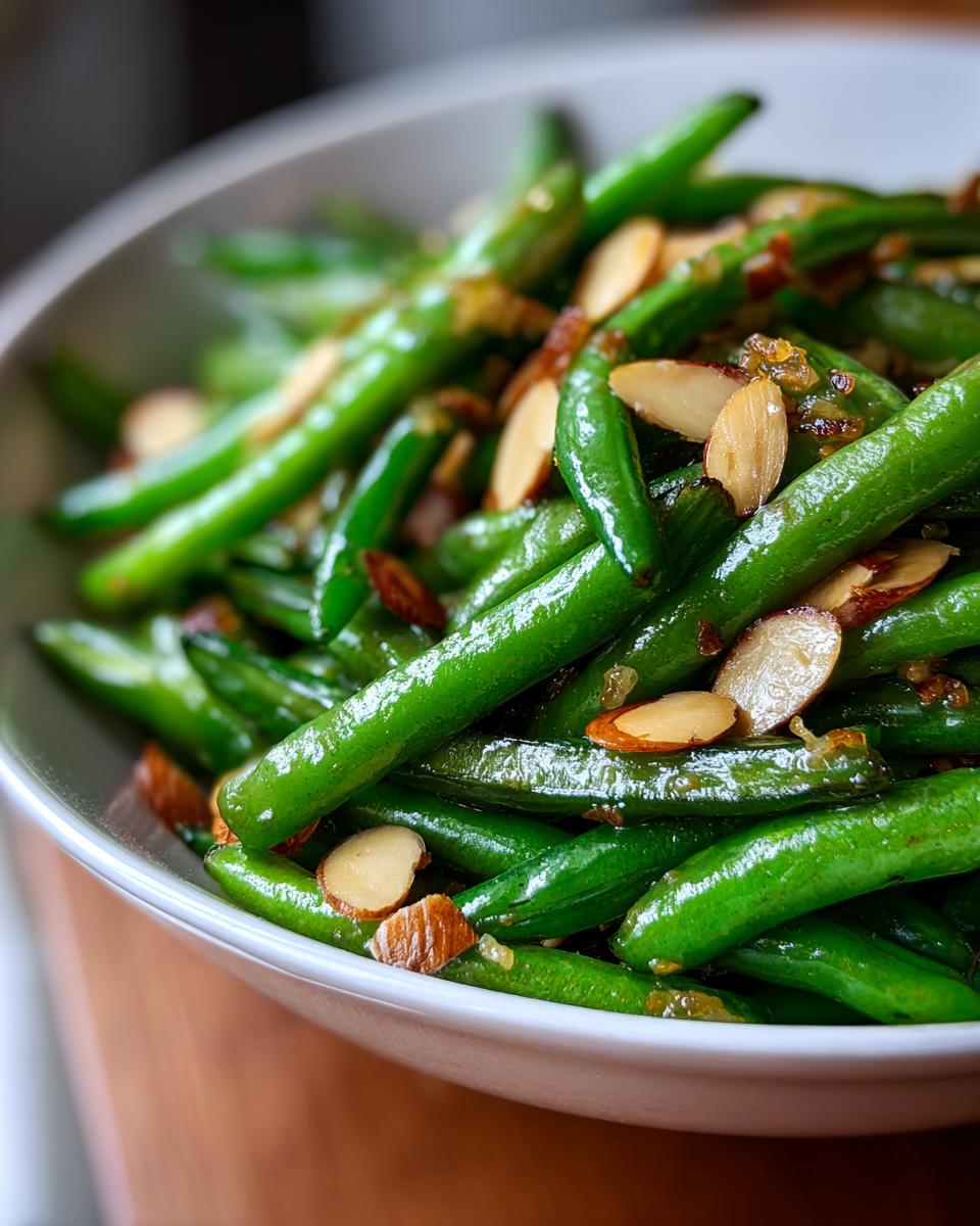 Close-up of vibrant green beans almondine tossed with toasted slivered almonds in a white bowl.