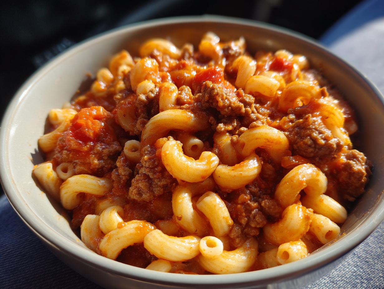 A close-up of a bowl filled with hearty goulash, featuring elbow macaroni and seasoned ground beef in a rich tomato sauce.