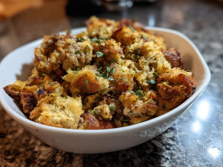 A close-up of a white bowl filled with hearty sausage stuffing, garnished with fresh herbs.