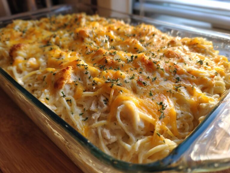 A close-up of a freshly baked turkey casserole in a glass dish, topped with melted cheese and herbs.