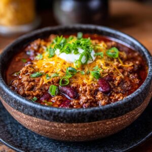 A steaming bowl of hearty turkey chili topped with shredded cheese, sour cream, and green onions.