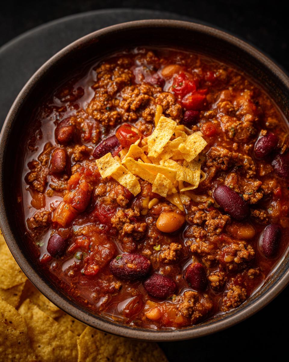A close-up of a bowl of hearty turkey chili, topped with tortilla strips and served with tortilla chips.