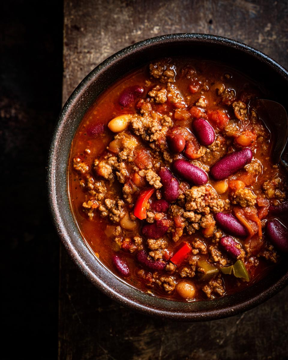 A close-up overhead view of a rustic bowl filled with hearty turkey chili, featuring ground turkey, kidney beans, and red peppers.
