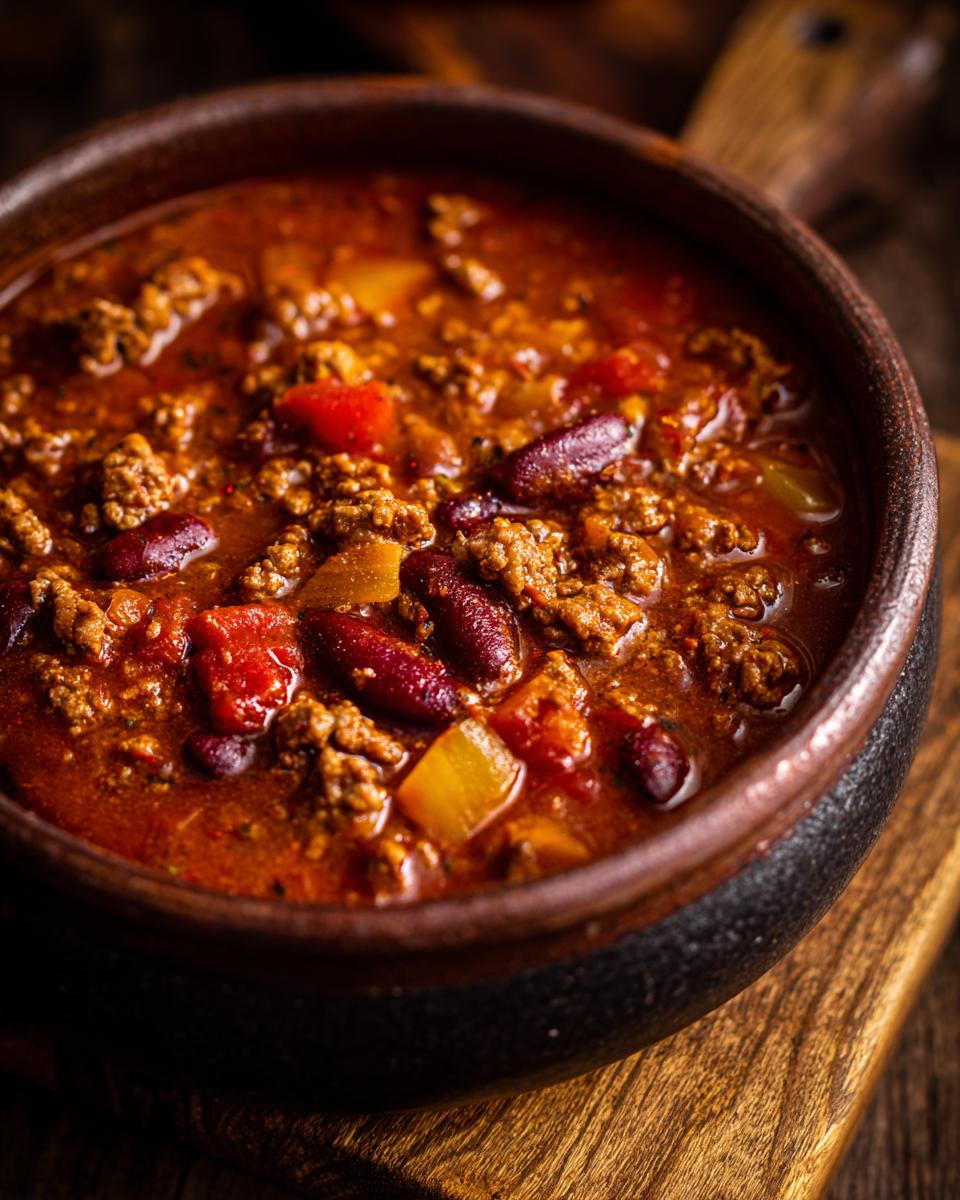 Close-up of a rustic bowl filled with hearty turkey chili, showing ground turkey, kidney beans, and diced tomatoes.