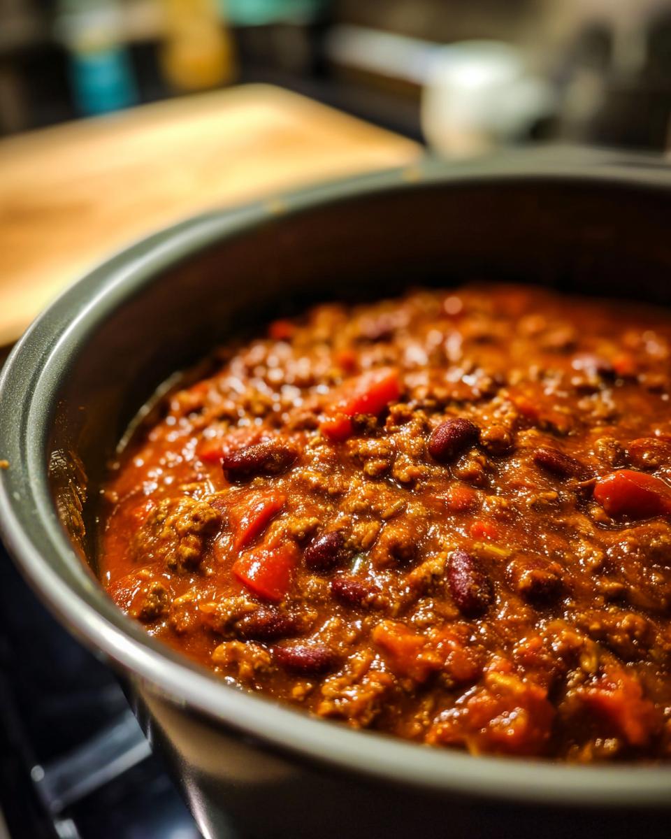 Close-up of a pot filled with hearty turkey chili, featuring ground turkey, kidney beans, and tomatoes.