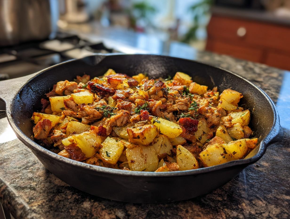 A close-up of a cast iron skillet filled with hearty turkey hash, featuring golden potatoes and seasoned turkey.