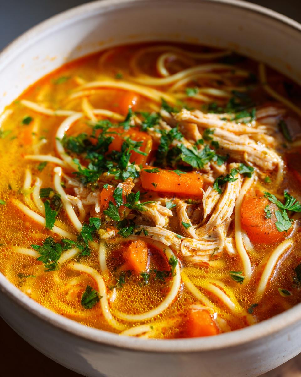 Close-up of a bowl of hearty turkey noodle soup, featuring shredded turkey, tender carrots, and thin noodles in a golden broth, garnished with fresh parsley.