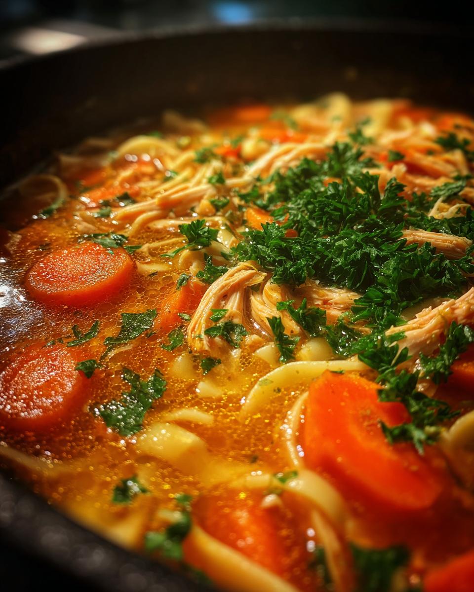 Close-up of a steaming bowl of hearty turkey noodle soup, featuring shredded turkey, wide noodles, sliced carrots, and fresh parsley.