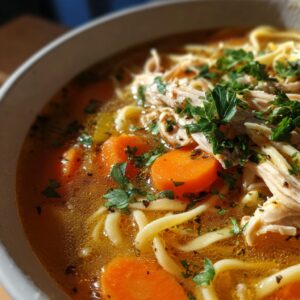 Close-up of a bowl of hearty turkey noodle soup, featuring shredded turkey, wide noodles, sliced carrots, and fresh parsley.