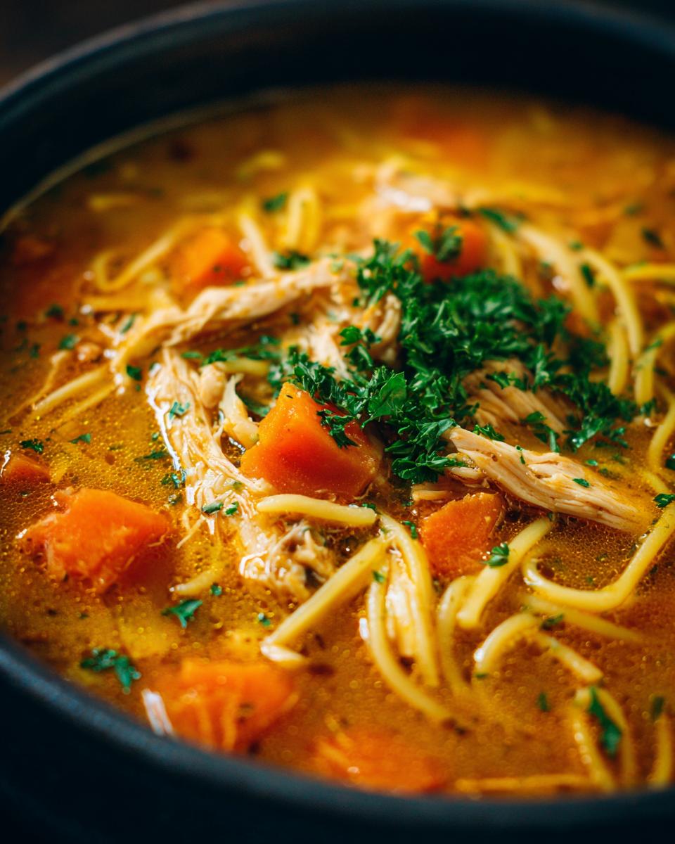 Close-up of a steaming bowl of hearty turkey noodle soup, featuring shredded turkey, noodles, carrots, and fresh parsley.