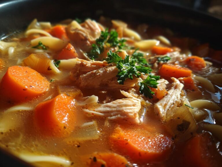 Close-up of a steaming bowl of hearty turkey noodle soup, featuring tender turkey, sliced carrots, and wide noodles, garnished with fresh parsley.