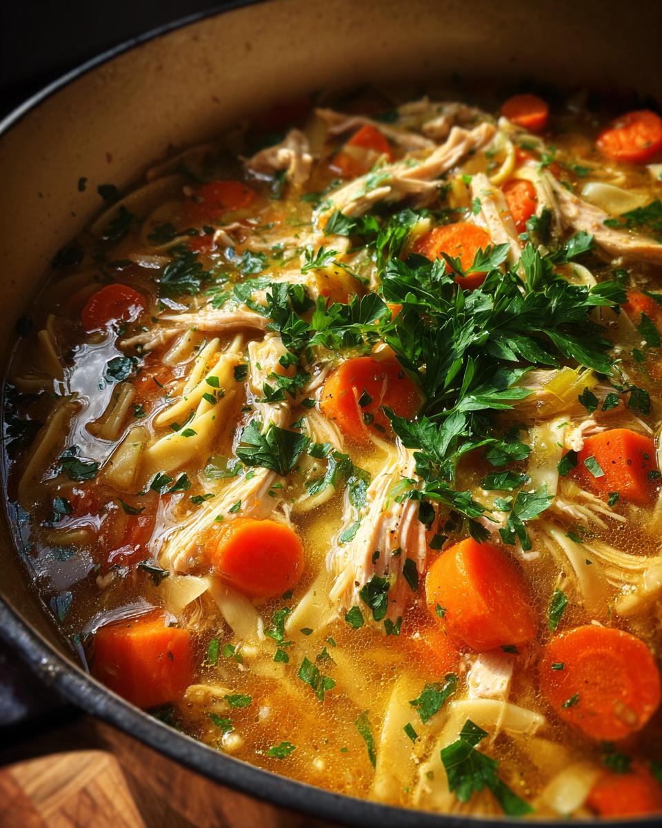 Close-up of a pot filled with hearty turkey noodle soup, featuring shredded turkey, wide noodles, and bright orange carrot slices, garnished with fresh parsley.