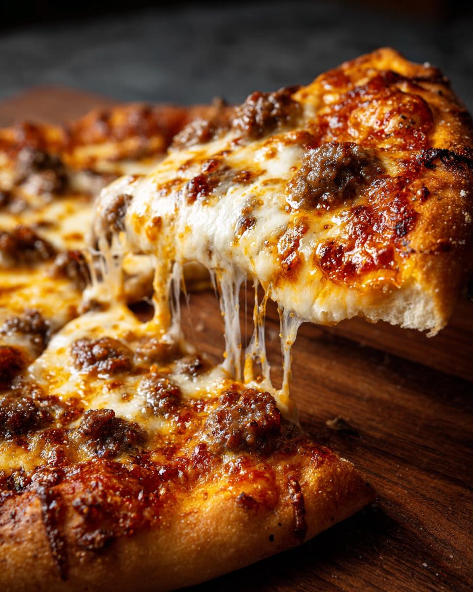 A slice of homemade pizza being lifted, showing strings of melted cheese and savory meat toppings.