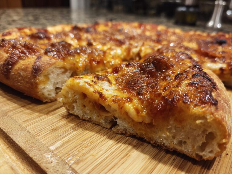 A close-up of a slice of freshly baked homemade pizza with melted cheese and a golden crust.