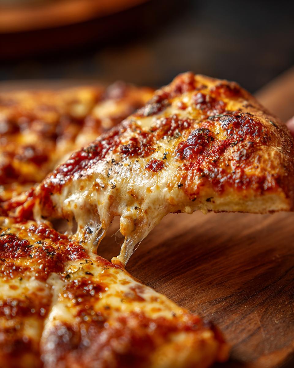 A delicious slice of homemade pizza being lifted, showing stretchy melted cheese and rich tomato sauce.
