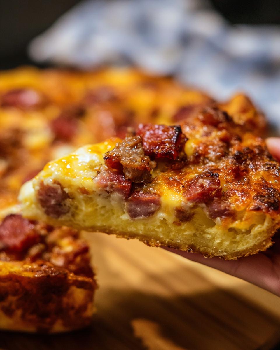 A close-up of a slice of homemade pizza, featuring a thick crust, melted cheese, and chunks of sausage.