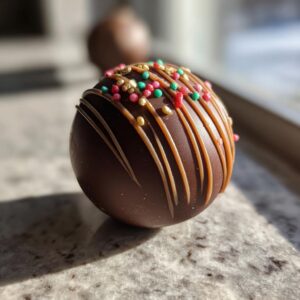 A close-up of a dark chocolate hot chocolate bomb decorated with caramel drizzle and colorful sprinkles.
