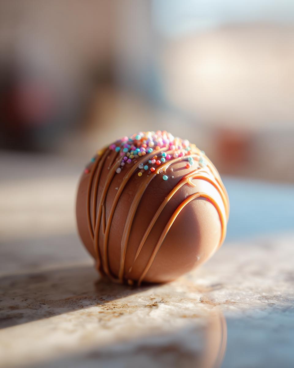 A single, round hot chocolate bomb made of milk chocolate, drizzled with caramel and topped with colorful sprinkles.