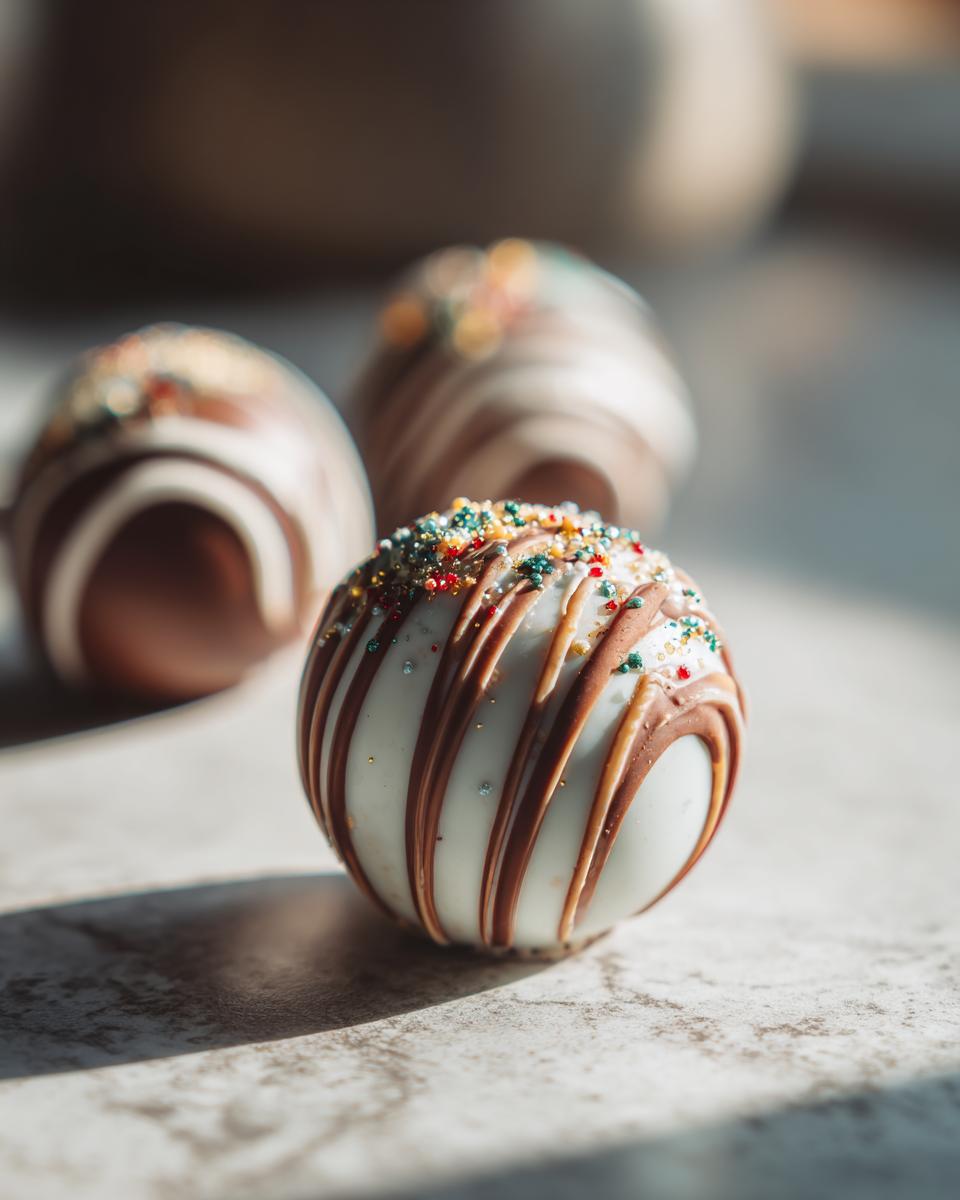 Close-up of decorated hot chocolate bombs with white chocolate drizzle and colorful sprinkles.