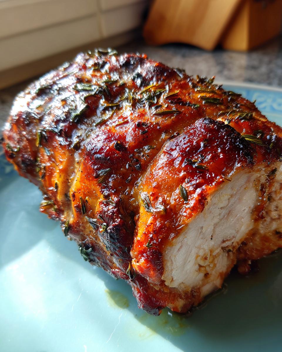 Close-up of a juicy, golden-brown roasted turkey breast seasoned with herbs.