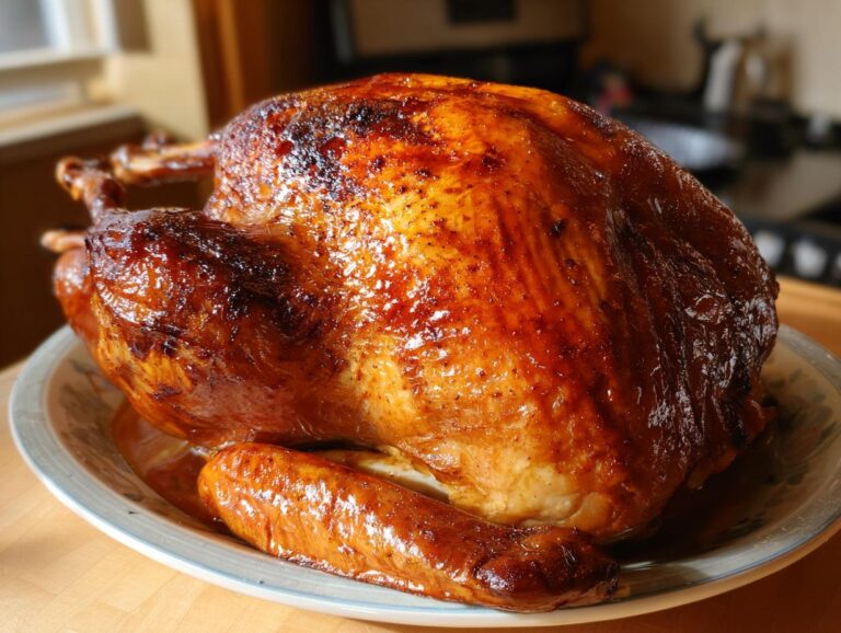A perfectly cooked, juicy smoked turkey with a golden-brown, glistening skin, ready to be served.
