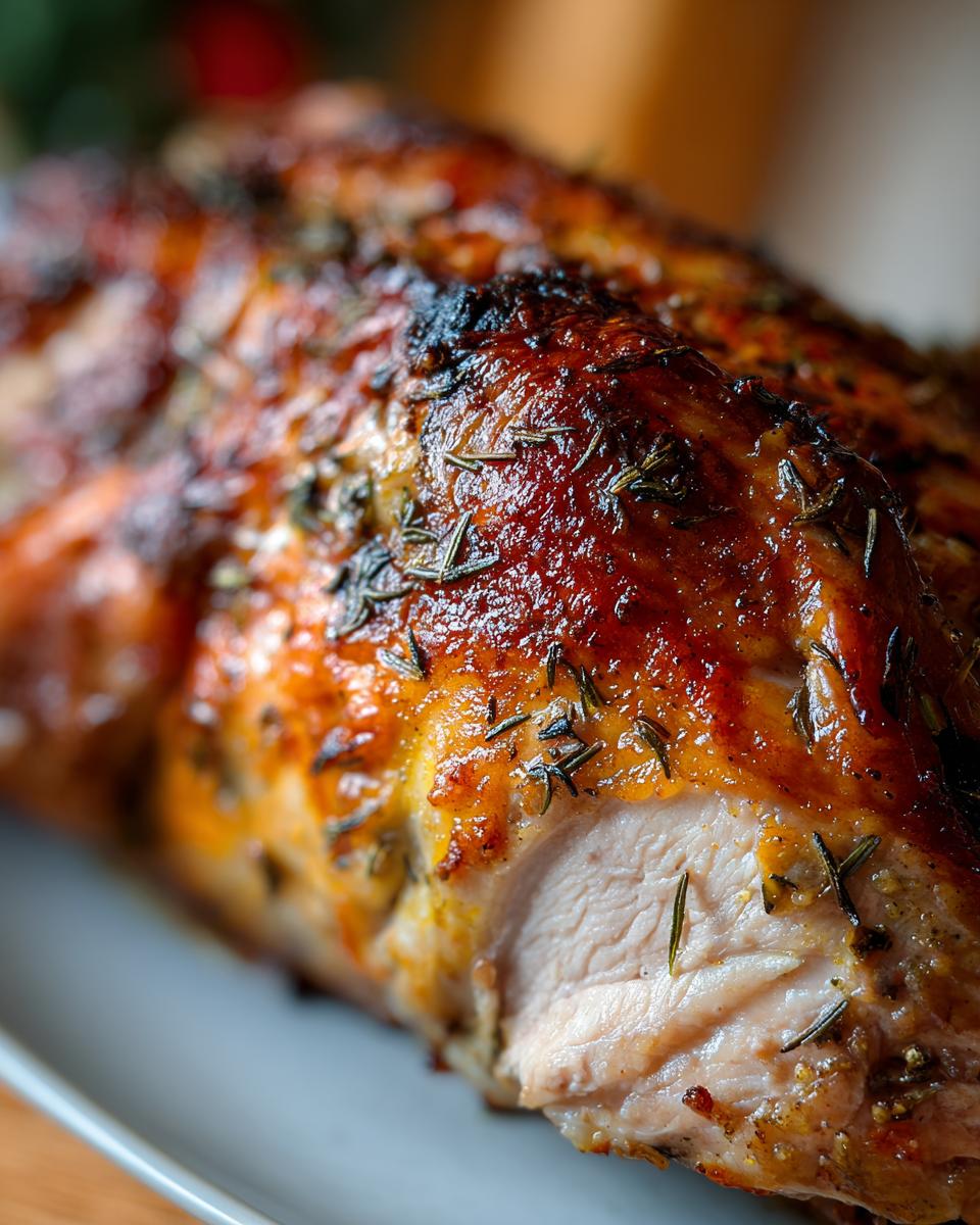 Close-up of a perfectly roasted, juicy turkey breast with crispy skin and visible herbs.