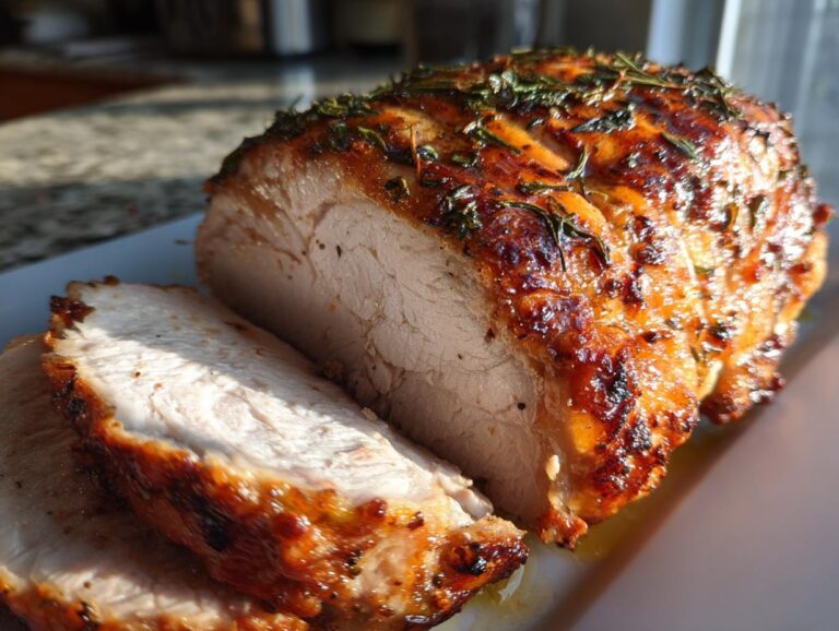 A close-up of a perfectly roasted juicy turkey breast, sliced to reveal tender meat and a golden-brown, herb-crusted exterior.