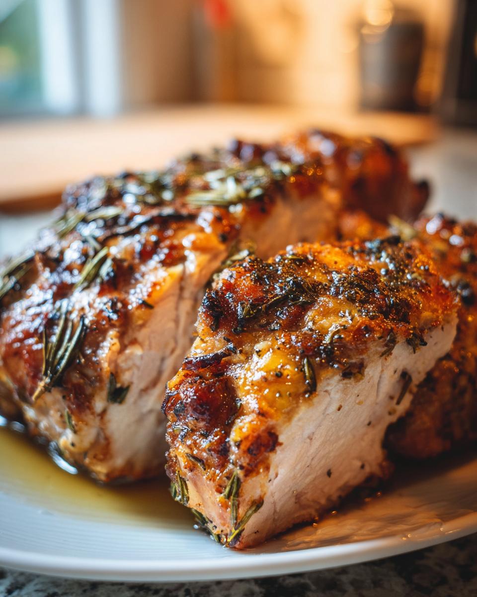 Close-up of a juicy roasted turkey breast, seasoned with rosemary and spices, sliced and served on a white plate.