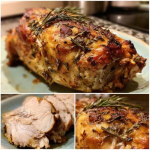 A perfectly roasted turkey breast, seasoned with rosemary, sliced to reveal its juicy interior.