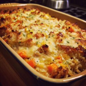 Close-up of a golden-brown leftover turkey casserole in a baking dish, topped with melted cheese and parsley.