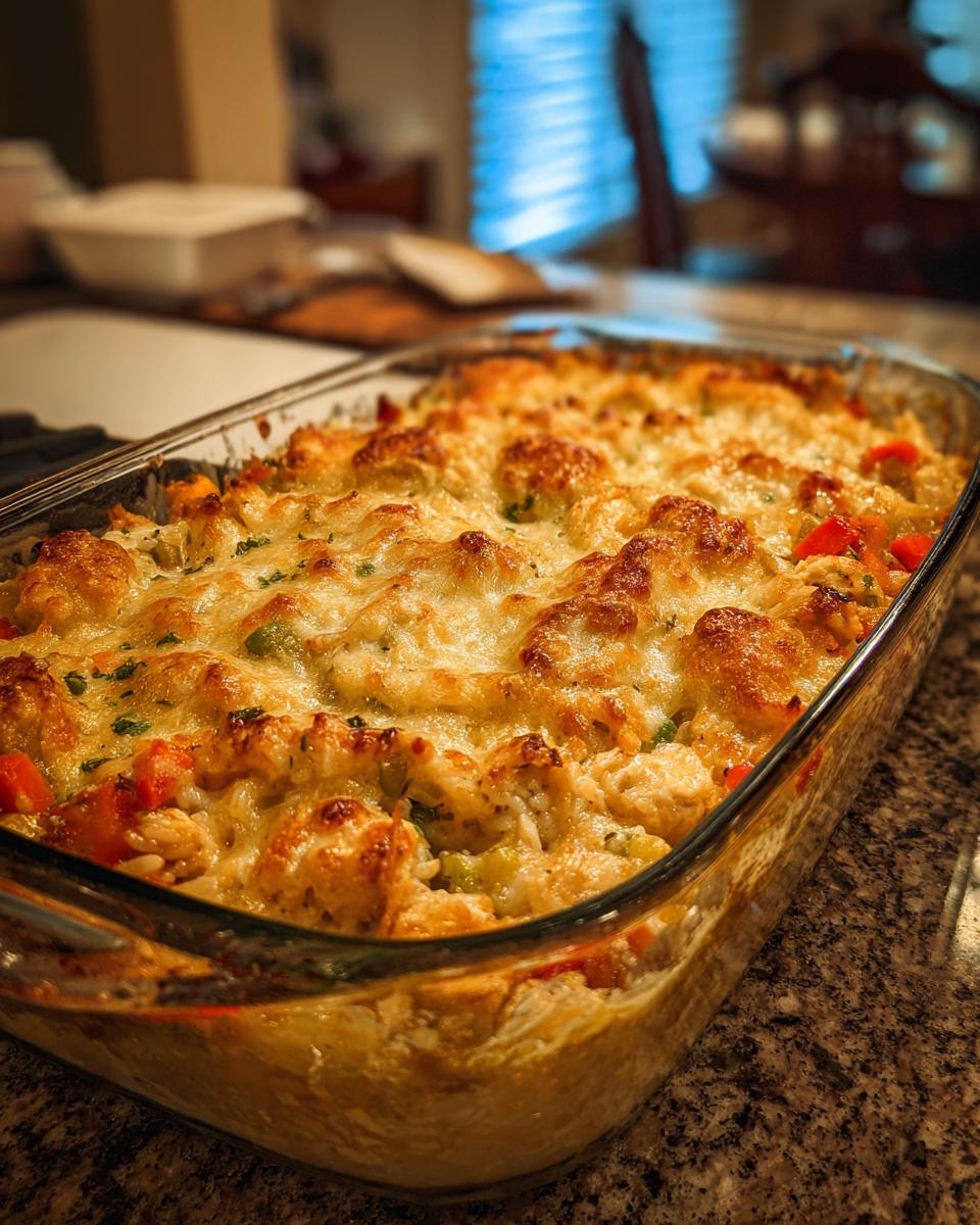 A golden-brown, cheesy leftover turkey casserole baked in a glass dish, with visible chunks of turkey and vegetables.