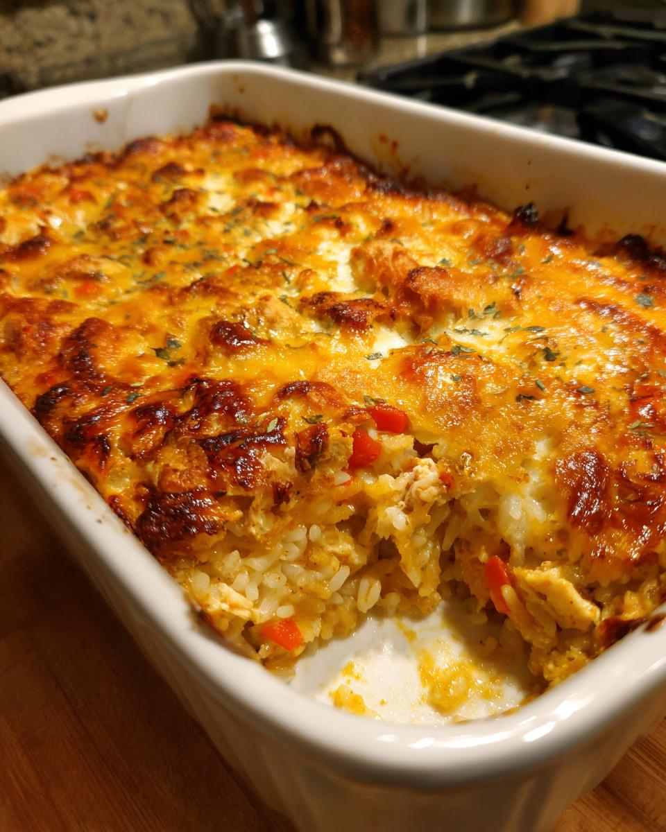 A golden-brown baked leftover turkey casserole with visible rice, turkey, and red peppers.