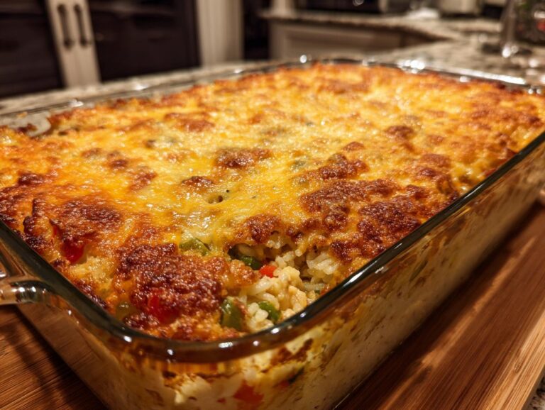 A golden-brown baked leftover turkey casserole with melted cheese topping in a glass baking dish.