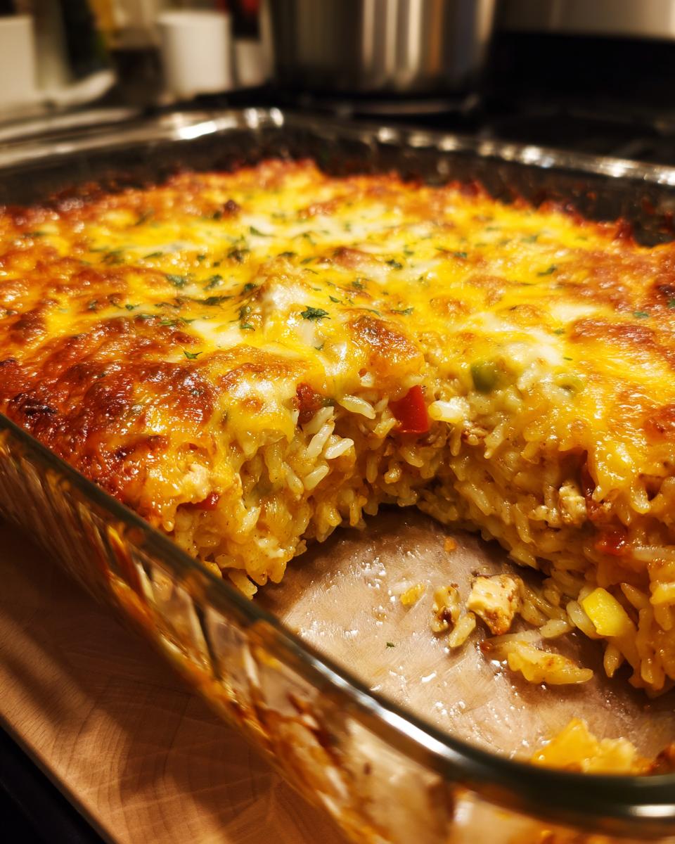 A close-up of a golden-brown leftover turkey casserole with melted cheese and visible rice and turkey pieces.