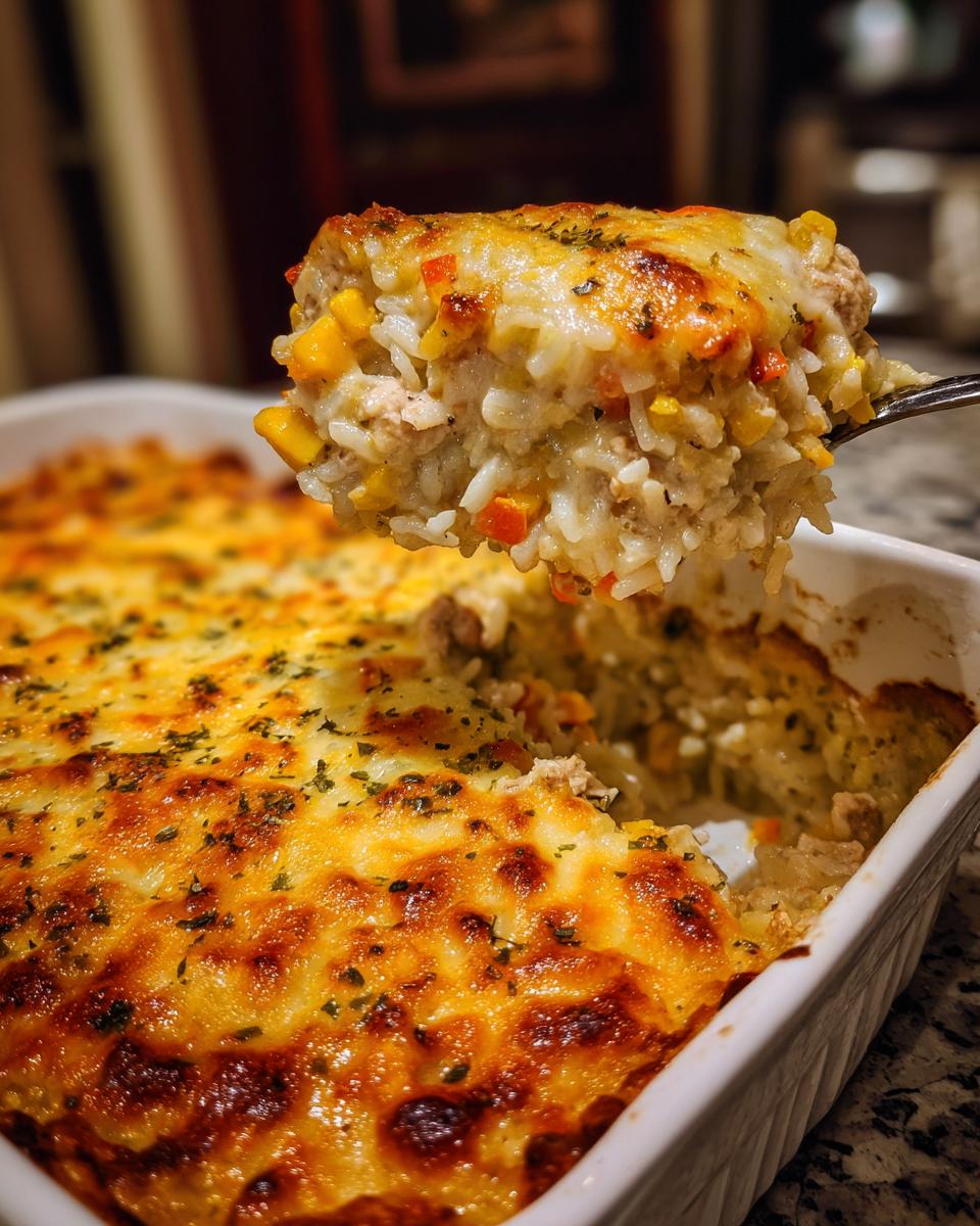 A spoonful of cheesy leftover turkey casserole with rice and vegetables being lifted from a baking dish.