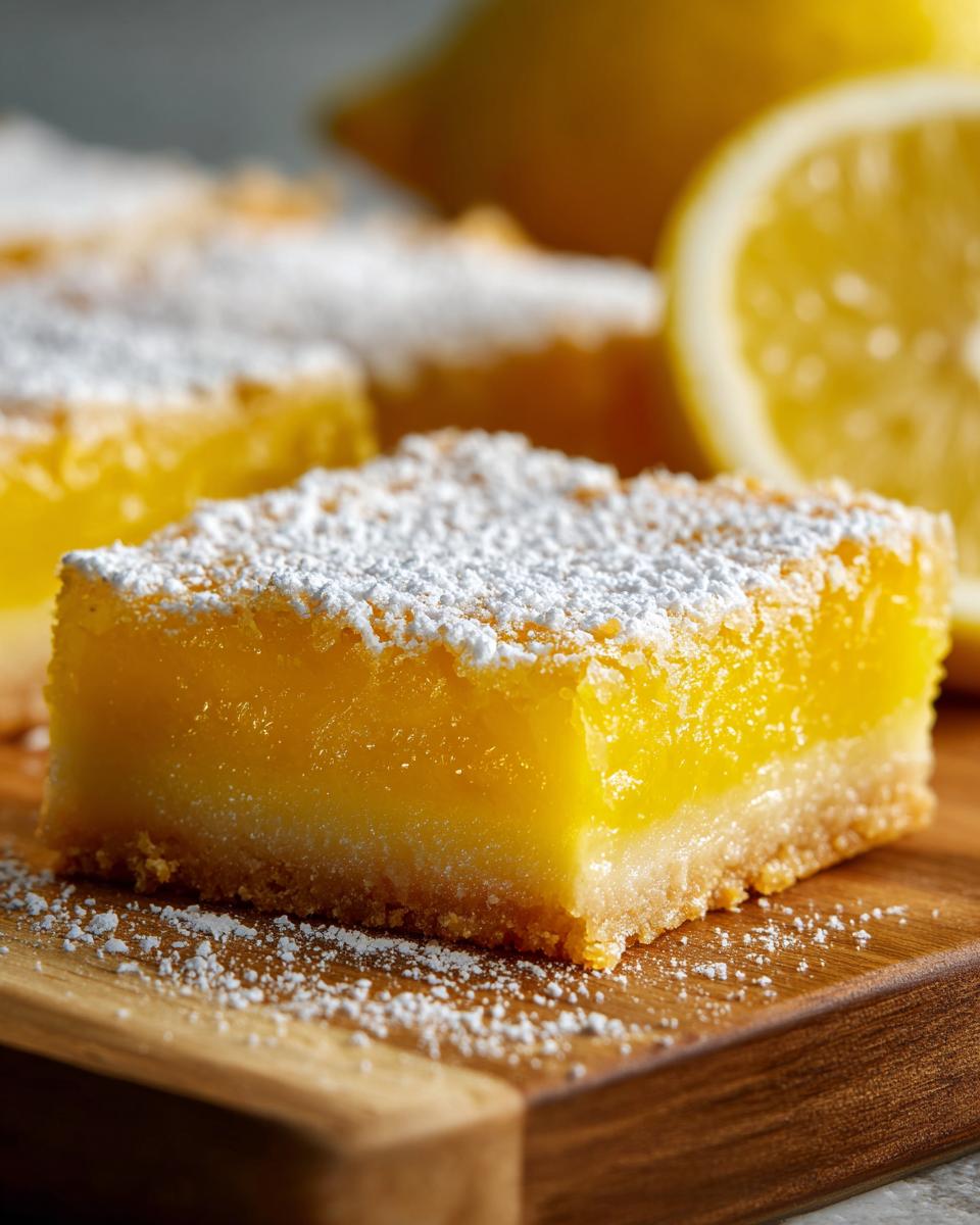Close-up of a bright yellow lemon bar, dusted with powdered sugar, on a wooden board. Fresh lemons in the background.