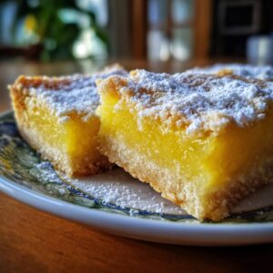 Close-up of two bright yellow lemon bars dusted with powdered sugar on a decorative plate.