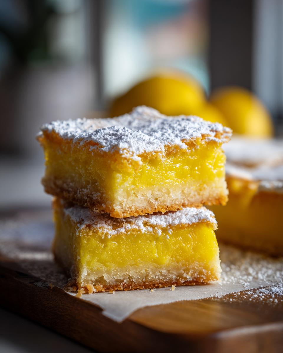 Two stacked lemon bars dusted with powdered sugar, showcasing their bright yellow filling and shortbread crust.
