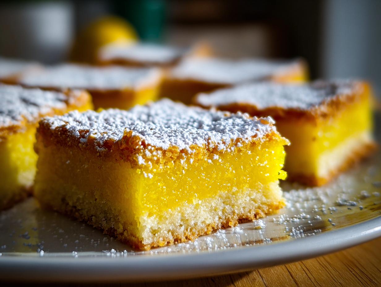 A close-up of a bright yellow lemon bar, dusted with powdered sugar, on a white plate.