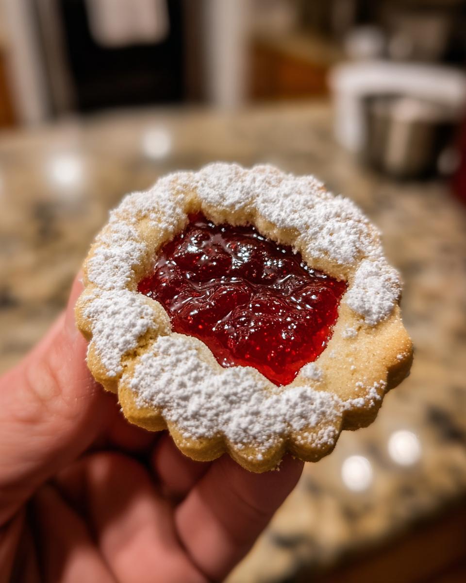 Close-up of a hand holding a festive Linzer cookie filled with bright red raspberry jam and dusted with powdered sugar.