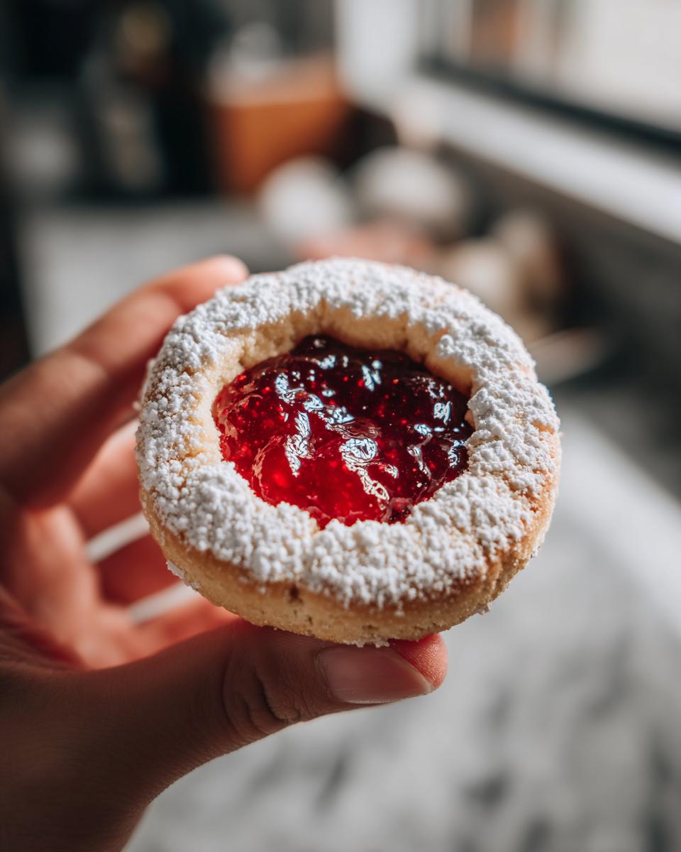 A close-up of a perfect Linzer cookie held in a hand, dusted with powdered sugar and filled with bright raspberry jam.