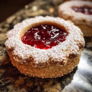 Close-up of a perfectly baked Linzer cookie filled with bright red jam and dusted with powdered sugar.