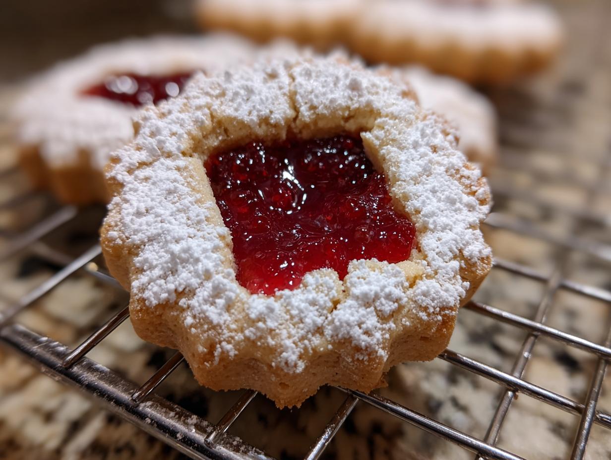 A close-up of a perfectly baked Linzer cookie, dusted with powdered sugar and filled with bright red jam.