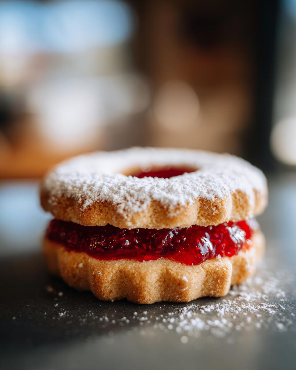 A close-up of a perfect Linzer cookie filled with vibrant raspberry jam and dusted with powdered sugar.