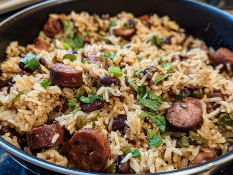 Close-up of a pot filled with Hoppin John, featuring rice, black beans, sausage, and herbs.