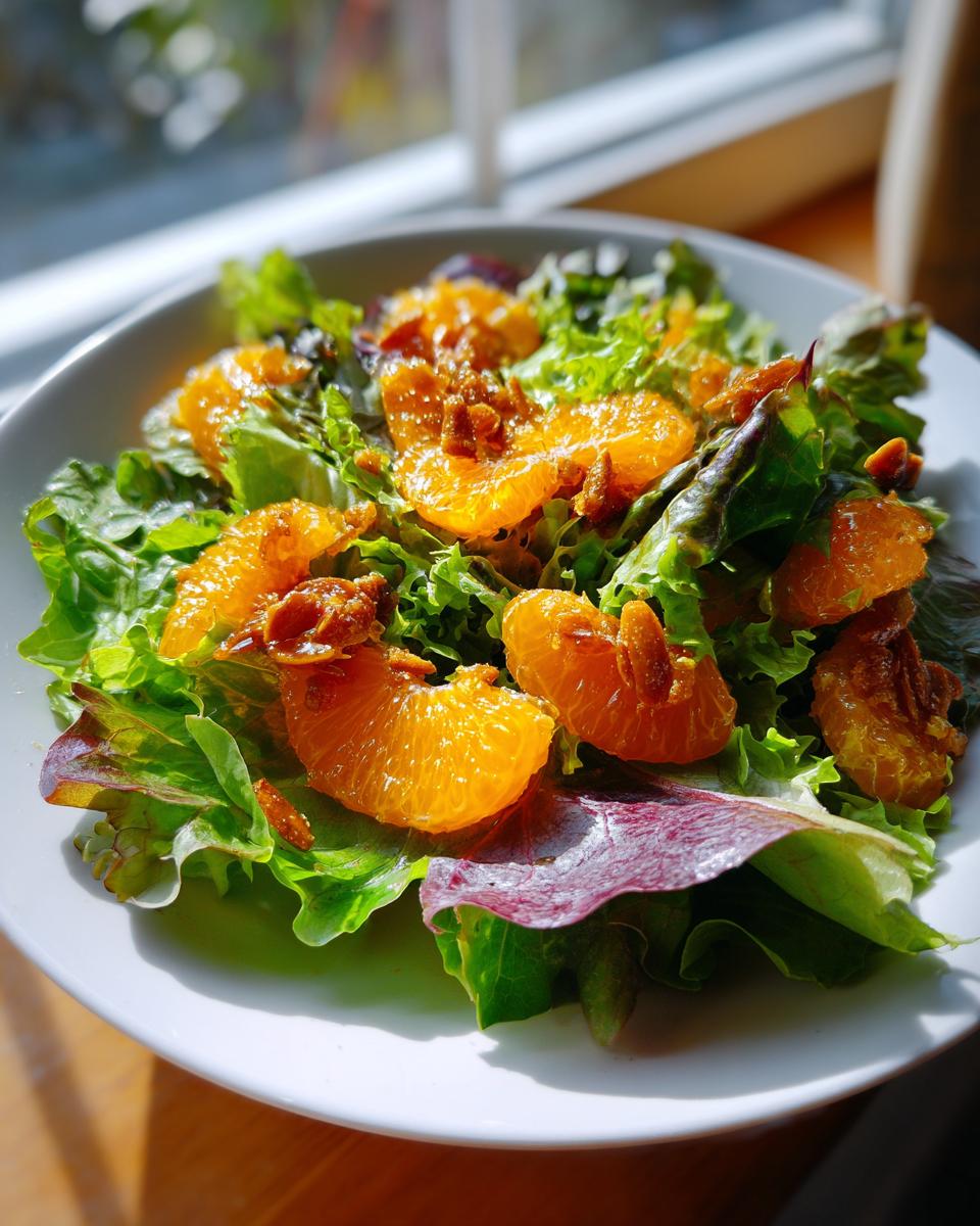 Close-up of a vibrant mandarin orange salad featuring bright orange segments over mixed greens.