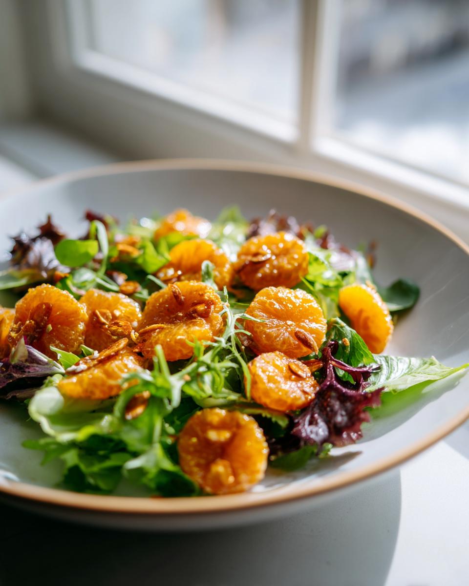 Close-up of a vibrant mandarin orange salad featuring glazed orange segments over mixed greens.