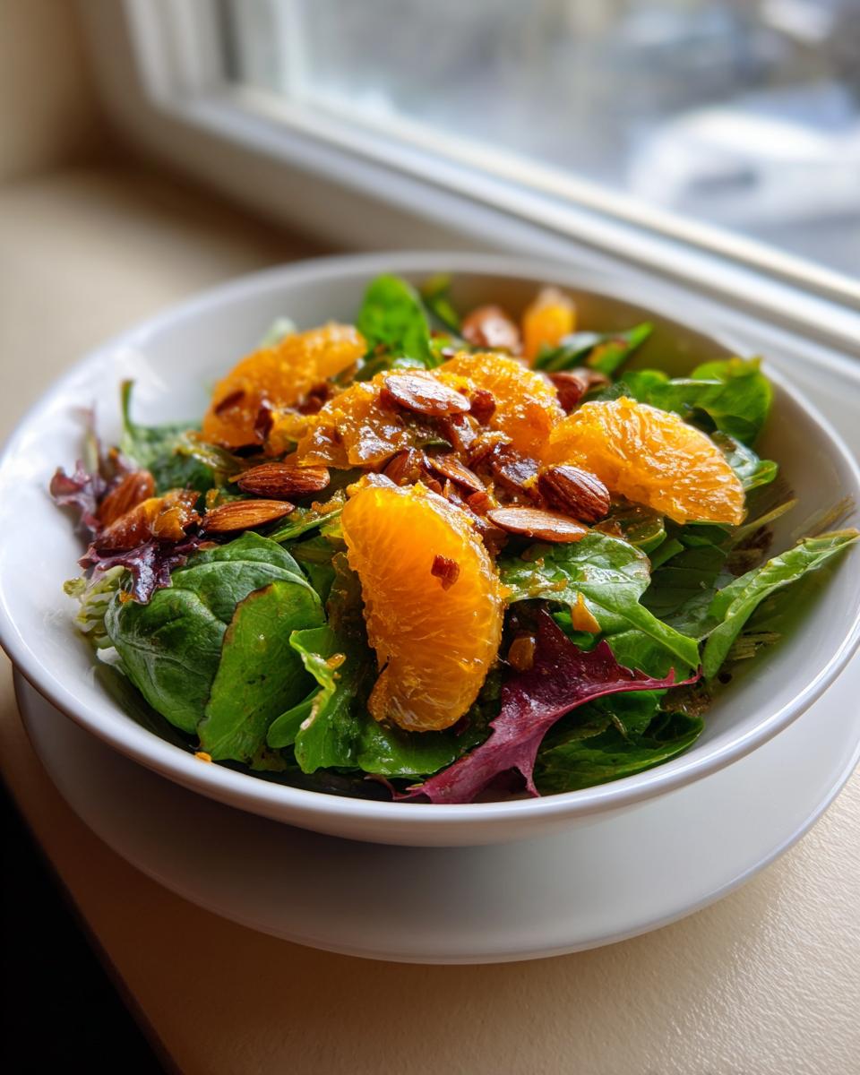 Close-up of a fresh mandarin orange salad featuring mixed greens, bright orange segments, and toasted almonds.