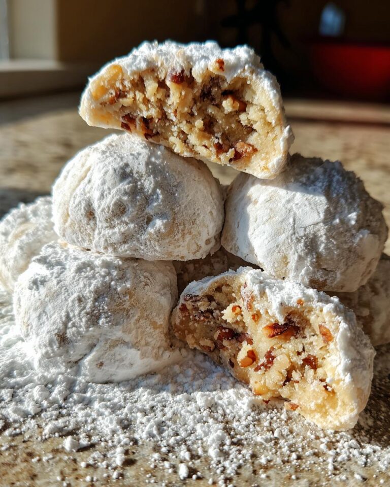 A close-up of a stack of powdered Mexican wedding cookies, one broken in half to reveal chopped nuts inside.