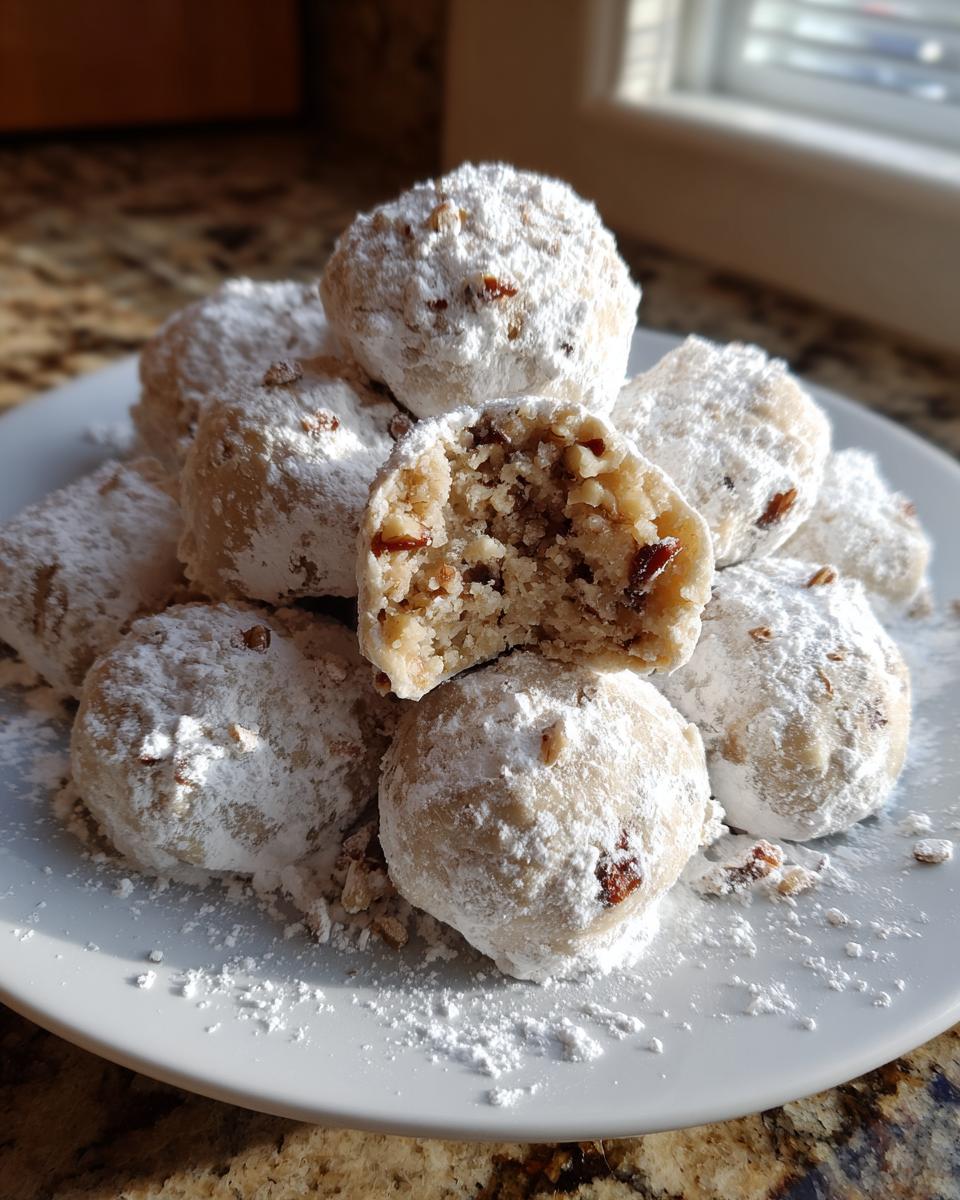 A pile of powdered Mexican Wedding Cookies with a close-up of one broken open revealing nuts and dried fruit.